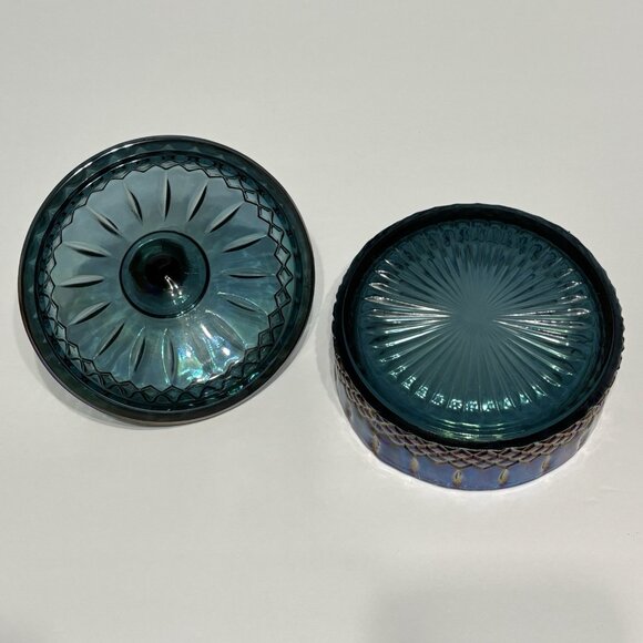 Vintage Indiana Glass Iridescent Blue Candy Dish With Lid Princess Pattern - Picture 5 of 12